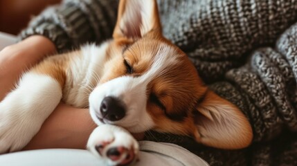 A photo of a small red Pembroke corgi puppy sleeping in the arms of its owner