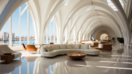 Bright modern hotel lobby with white vaulted ceiling and large windows