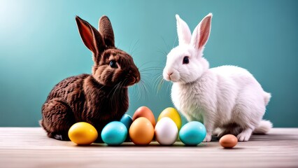 Fototapeta premium Rabbits and colored eggs on a light background with space for text. Easter holiday.