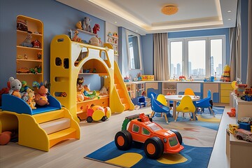 title. Vibrant Childrens Room with Colorful Modern Furniture and Toys for Sale - obrazy, fototapety, plakaty