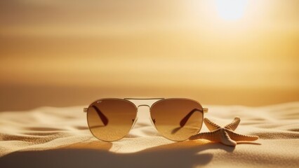 Sunglasses lie on the beach near the sea (ocean) - obrazy, fototapety, plakaty