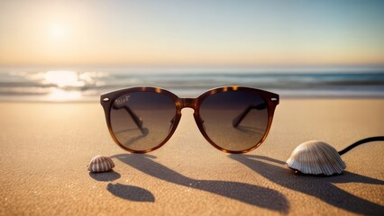 Sunglasses lie on the beach near the sea (ocean) - obrazy, fototapety, plakaty