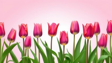 A lot of pink tulips on the light background. Beautiful festive background.