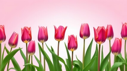 Fototapeta premium A lot of pink tulips on the light background. Beautiful festive background.