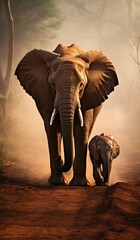 African Elephant Family Walking in the Savanna
