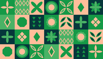 Geometric Square Pattern Green, Peach Fuzz. Bauhaus. Modern abstract background. Ecological bio print. Symmetrical Shapes - triangle, circle, square, flower. Flat minimalist design. Wrapping. Vector