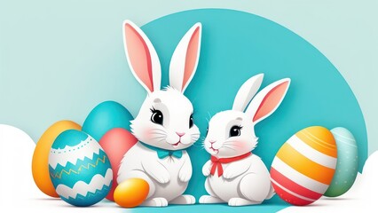Rabbits and colored eggs on a light background. Easter holiday.