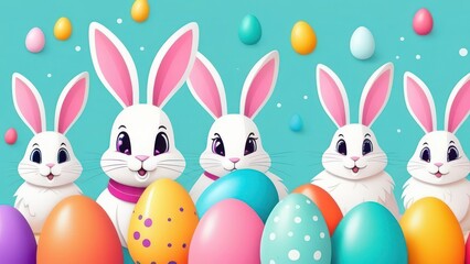 Obraz premium Rabbits and colored eggs on a light background. Easter holiday.