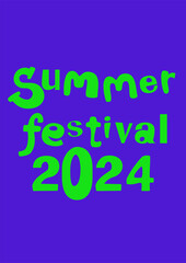 Poster lettering summer festival 2024, in violet and green tones. Poster graphic design. Vector illustration.