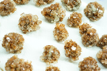 Small pieces of aragonite stones. Mineral exchange. 