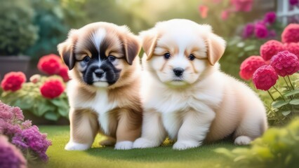 Two cute puppies standing on the lawn