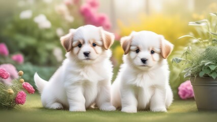 Fototapeta na wymiar Two cute puppies standing on the lawn
