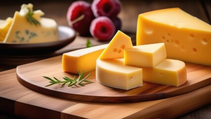 Cheese cut into pieces lies on the table