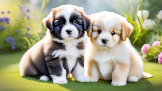 Two cute puppies standing on the lawn