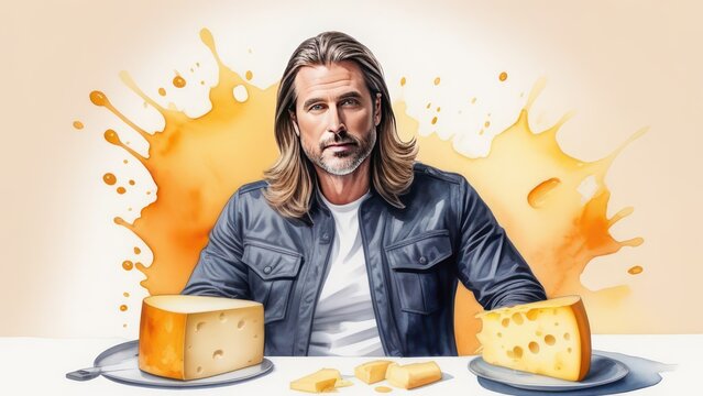 Attractive man on a background of pieces of cheese