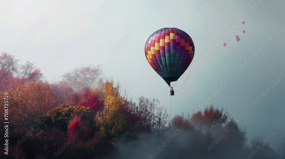 Sticker  a multicolored hot air balloon flying over a forest filled with trees on a foggy day with colorful leaves on the ground and trees in the foreground.