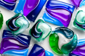 Washing capsules, colorful laundry pods. Colorful Soluble capsules with laundry gel detergent and dishwasher soap. Pile of various washing pod capsules. Detergent tablets. Top View, Flat Lay  - 708725957