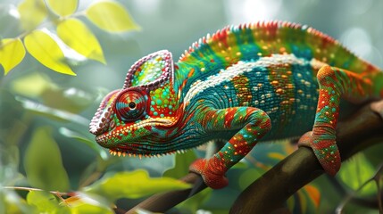  a colorful chamelon sitting on top of a tree branch in front of a green leafy background with sunlight coming through the leaves on the branch and behind the chamelon.