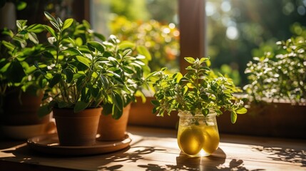 Still life with green plants and lemons on a wooden table