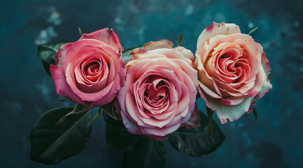 three pink roses are on the surface