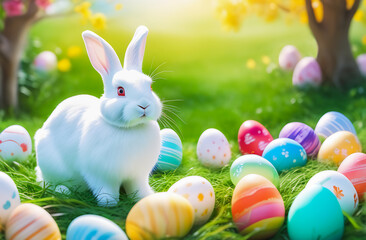 Fototapeta premium A cute white rabbit on the green grass among colorful Easter eggs on a bright sunny day.