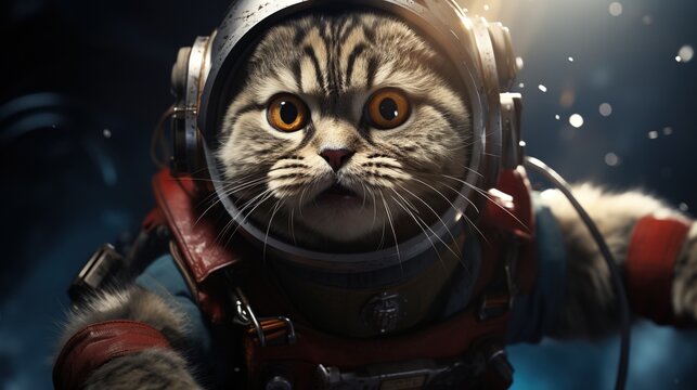 A cat wearing a spacesuit is floating in space