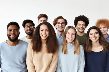A happy and diverse group portrait: colleagues and friends showcasing teamwork, positivity, and joy on white backgrounds.