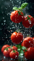 Composition with whole tomatoes isolated on black background with little splashes of water or dew