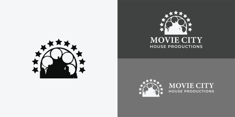 Silhouette City movie logo design inspiration is presented with multiple background colors and it is suitable for the movie production company logo design inspiration template
