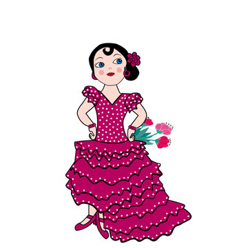 Mujer con traje de faralaes en rosa.	