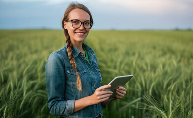 Naklejka na ściany i meble Portrait of a young farmer woman with a digital tablet on a green wheat field. Checking crop growth using modern technology. Agriculture concept.