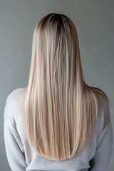 Naklejka premium back view young woman with long blond hair on studio background