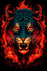 Fire tiger on the black background. Generative AI