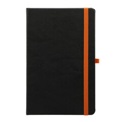 Black Leather Organizer, Daily Notebook with Pen Holder isolated on transparent background. Stylish daily planner with colored rubber pen holder, Png Isolated background