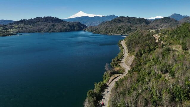 Aerial view of Villarica volcano and lake in South of Chile