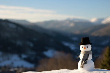 Alpine winter charm: A snowman in a snowy mountain landscape, embodying the joy and magic of Christmas in the Alps.