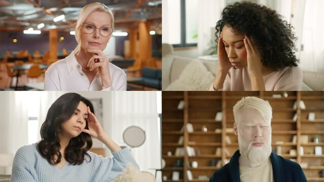 Portraits collage with sad frustrated diverse people. Tired upset mature lady boss. Stressed mixed race woman rubbing head. Hispanic girl suffers from lost job. Hipster guy worried of bad news problem