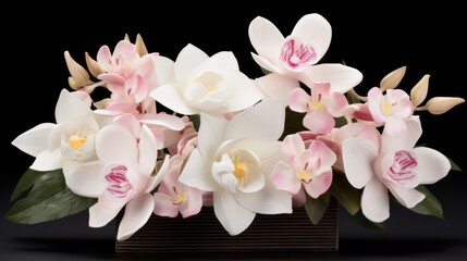 A realistic tropical flower arrangement featuring orchids. The flowers  against a dark background. Concept greeting card