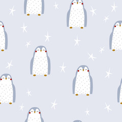 Funny penguins and stars seamless pattern. Winter print. Vector hand drawn illustration. - 708728369
