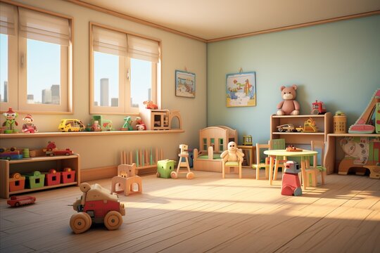 Vibrant and Playful Childrens Room with Colorful Furniture, Toys, and a Spacious Window