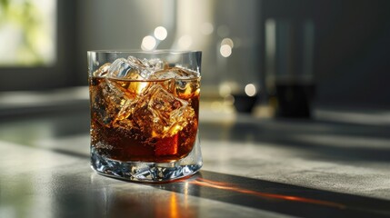  a close up of a glass of soda on a table with a light shining on the side of the glass and the top of the glass has ice cubes in it. - obrazy, fototapety, plakaty