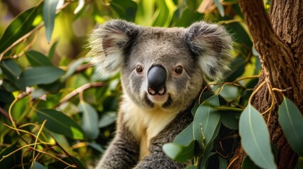  a close up of a koala in a tree looking at the camera with a blurry background of leaves and a blurry foreground of the koala.