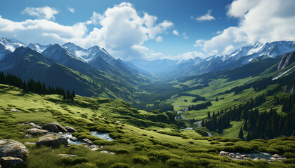 Fototapeta na wymiar Majestic mountain peak, green meadow, tranquil forest, blue sky generated by AI