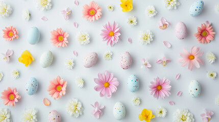 A subtle pattern of small pastel flowers and Easter eggs, Easter, pastel background, Flat lay, top view, with copy space