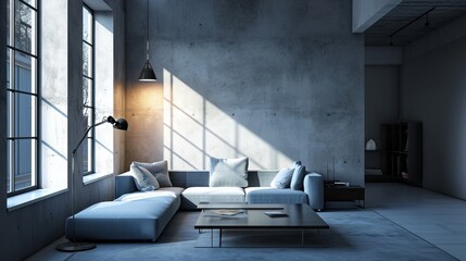 Sunlit modern blue grey living room with lamp, ideal for architectural visualization, mock up for painting, a realistic setting for architectural renderings 