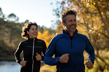 Naklejka premium Active couple, in sportswear, jogging through a beautiful autumn park, embodying a healthy, sporty lifestyle together.