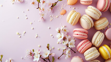 A delicate display of Easter-themed pastel macarons, Easter, pastel background, Flat lay, top view, with copy space