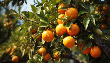 Fresh orange fruit hanging from a vibrant green tree branch generated by AI