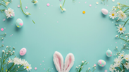 A flat lay of pastel Easter bunny ears and egg hunt accessories, Easter, pastel background, Flat lay, top view, with copy space