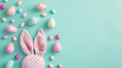 A flat lay of pastel Easter bunny ears and egg hunt accessories, Easter, pastel background, Flat lay, top view, with copy space